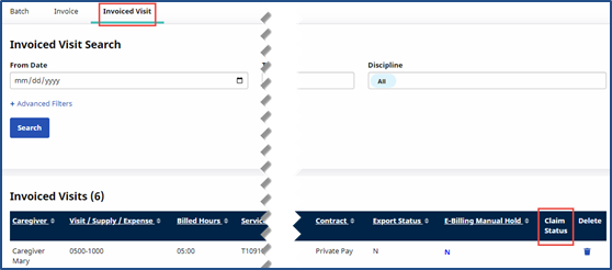Invoiced Visit Search Claim Status Column